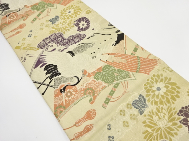 JAPANESE KIMONO / ANTIQUE MARU OBI / WOVEN CRANE & FAN